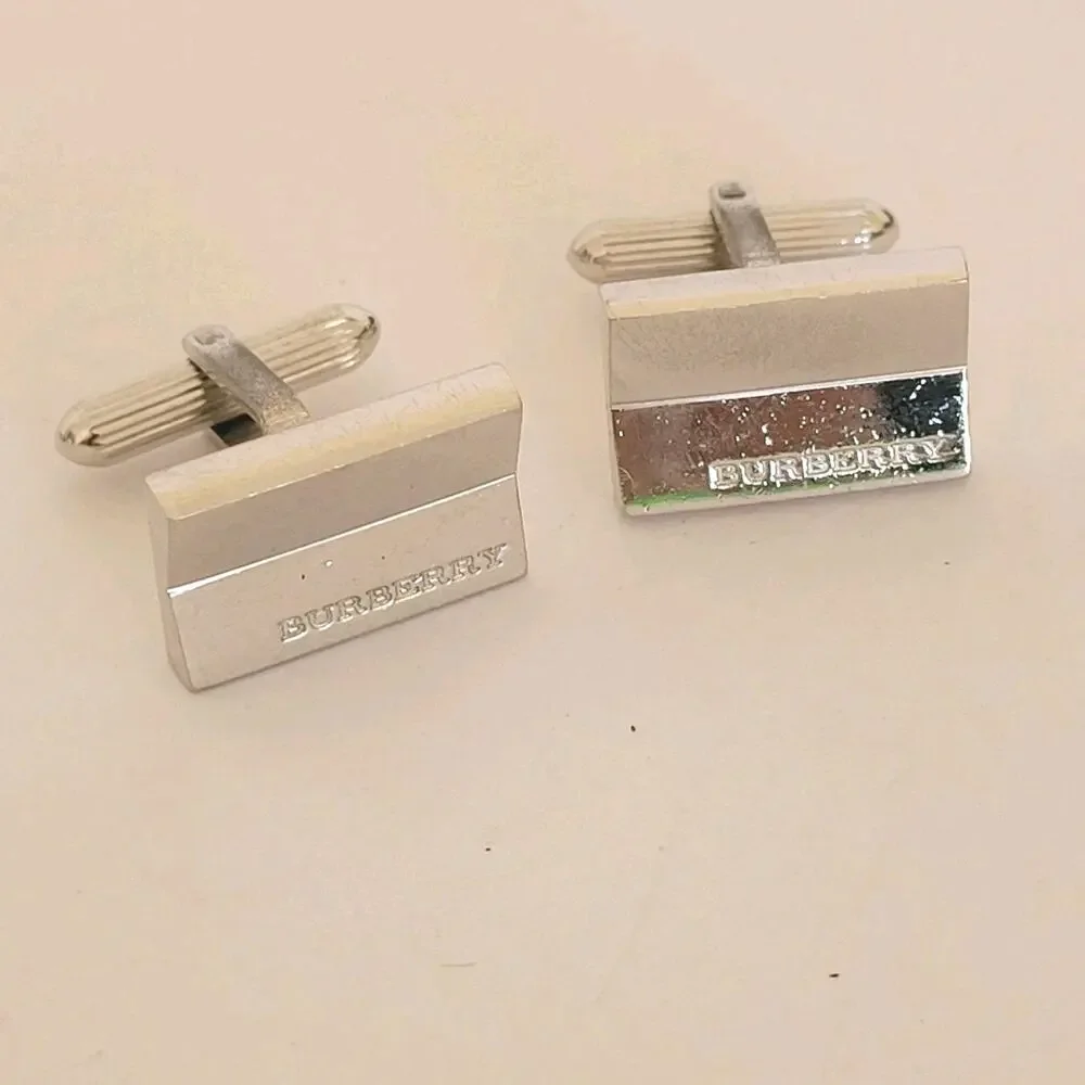 Burberry Cufflinks Set Silver Tone Logo Rectangle Geometric Designer Minimalist
